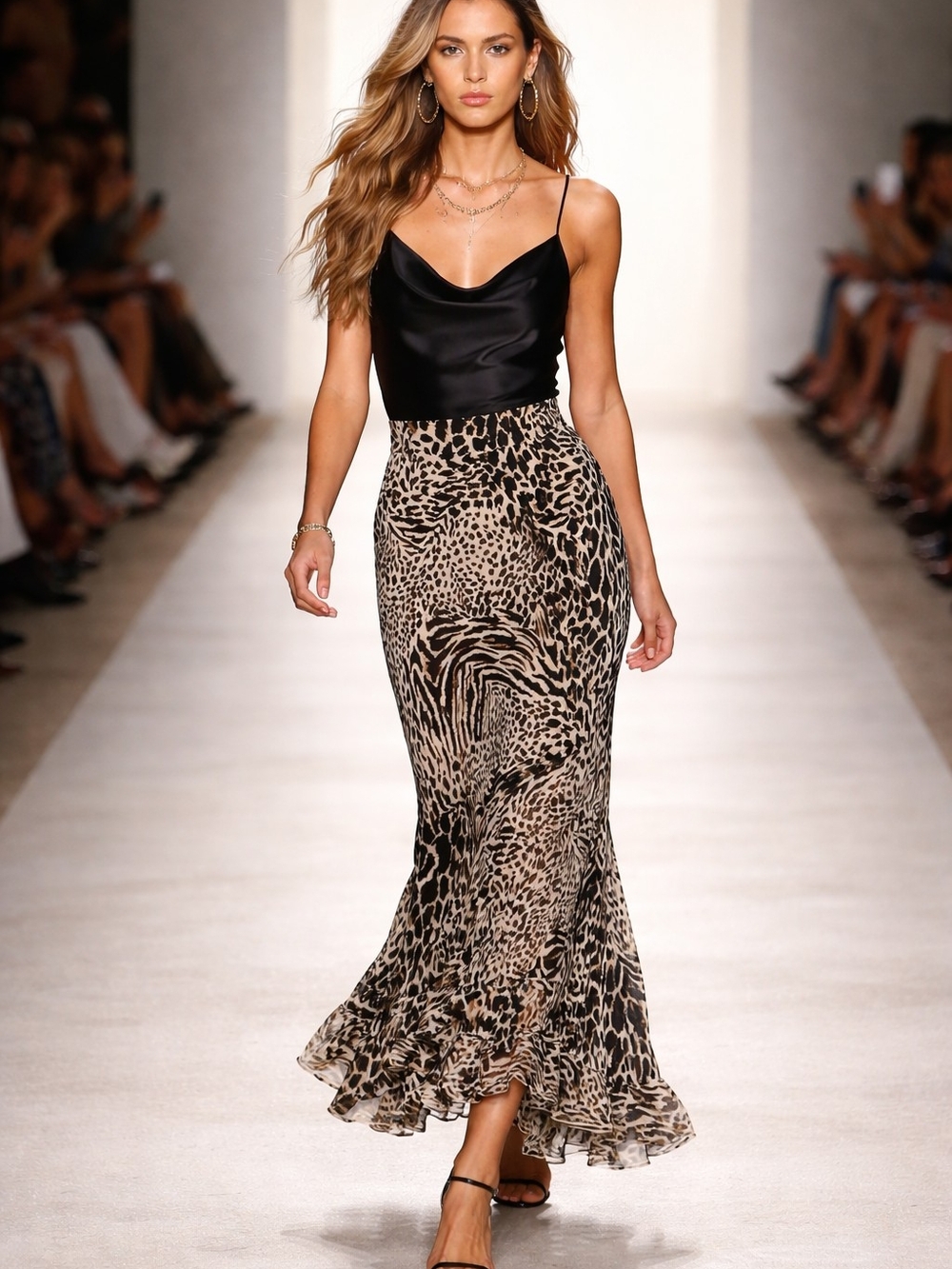 MSK Leopard-Print Maxi Skirt in Black & Beige